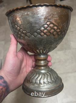 Antique Ornate Metal Goblet Chalice Copper Silver Tone Hand-Etched Vintage Rare