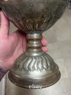 Antique Ornate Metal Goblet Chalice Copper Silver Tone Hand-Etched Vintage Rare