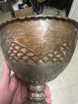 Antique Ornate Metal Goblet Chalice Copper Silver Tone Hand-Etched Vintage Rare