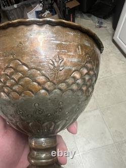 Antique Ornate Metal Goblet Chalice Copper Silver Tone Hand-Etched Vintage Rare