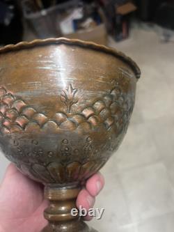 Antique Ornate Metal Goblet Chalice Copper Silver Tone Hand-Etched Vintage Rare