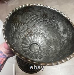 Antique Ornate Metal Goblet Chalice Copper Silver Tone Hand-Etched Vintage Rare