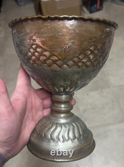Antique Ornate Metal Goblet Chalice Copper Silver Tone Hand-Etched Vintage Rare