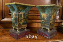 Antique Pair Mini Vases Painted Sheet Metal Romantic Miniatures Claw Rare 19th