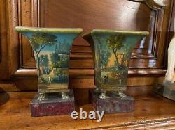 Antique Pair Mini Vases Painted Sheet Metal Romantic Miniatures Claw Rare 19th