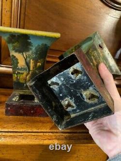 Antique Pair Mini Vases Painted Sheet Metal Romantic Miniatures Claw Rare 19th