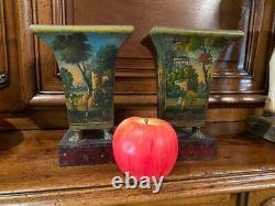 Antique Pair Mini Vases Painted Sheet Metal Romantic Miniatures Claw Rare 19th
