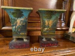 Antique Pair Mini Vases Painted Sheet Metal Romantic Miniatures Claw Rare 19th