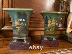 Antique Pair Mini Vases Painted Sheet Metal Romantic Miniatures Claw Rare 19th