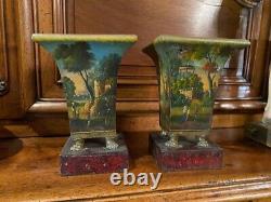 Antique Pair Mini Vases Painted Sheet Metal Romantic Miniatures Claw Rare 19th