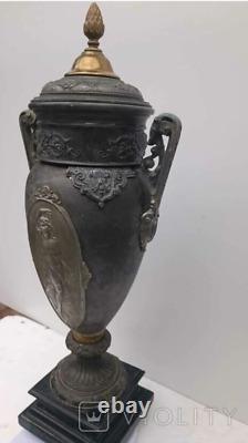 Antique Vase Cup Metal Richly Decorated Lady Cover Handle Stone Rare Old 19th
