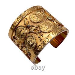 Authentic Chanel Vintage Rare Gold Metal Coin CC Logos Cuff Bangle Bracelet
