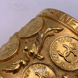 Authentic Chanel Vintage Rare Gold Metal Coin CC Logos Cuff Bangle Bracelet