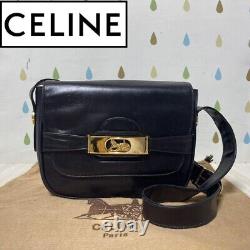 Authentic Rare Celine Carriage Metal Vintage Shoulder Bag black gold logo