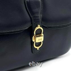 Celine Shoulder Bag Carriage Metal Fittings Leather Dark Navy Vintage Rare