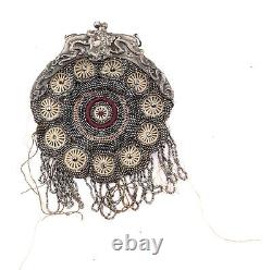 Leather Metal Intricate Beaded Coin Purse Vintage Rare One Of A Kind
