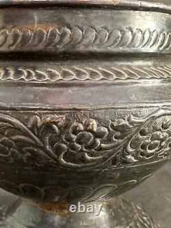Old Vintage Rare Handmade Unique Floral Carved Metal Cauldron Shape Pot Vase