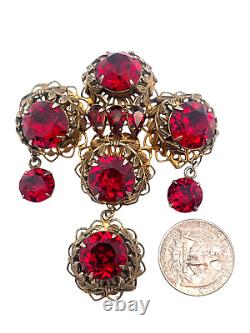 RARE SANDOR Signed Vintage Brooch, Red Glass, Intricate Metal Work, Dangles