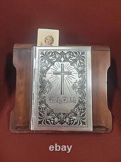 RARE VINTAGE SILVER METAL HOLY BIBLE COVER With BIBLE ANGEL BOOKMARK AND STAND