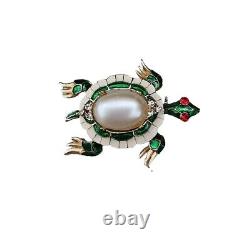 RARE VTG CROWN TRIFARI L'Orient Gripoix Turtle Brooch WithFaux Pearl & Red Eyes