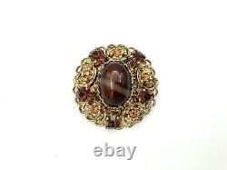 RARE Vintage Brooch Pin Intricate Gold Plate Metal Glass Rhinestones Orange