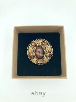 RARE Vintage Brooch Pin Intricate Gold Plate Metal Glass Rhinestones Orange