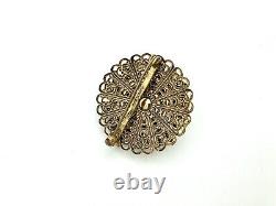 RARE Vintage Brooch Pin Intricate Gold Plate Metal Glass Rhinestones Orange