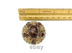 RARE Vintage Brooch Pin Intricate Gold Plate Metal Glass Rhinestones Orange