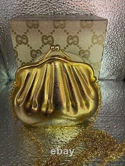 RARE Vintage Gucci GG Metal Minaudiere Shell Gold Evening Bag With Box