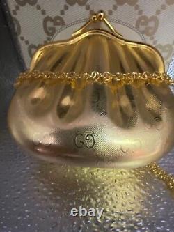 RARE Vintage Gucci GG Metal Minaudiere Shell Gold Evening Bag With Box