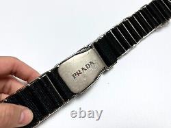 RARE Vintage Prada Milano Black Metal Nylon Silver Plaque Buckle Belt LUXURY