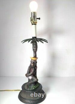 RARE Vintage Table Lamp Palm Tree Sailor Monkey Tropical Metal & Resin Unique