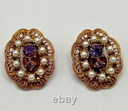 RARE Vintage Unsigned Verified Hobe' Purple & Faux Pearl Brooch & Earrings JCS