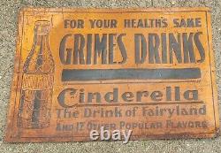 Rare 1930s Vintage Grimes Drinks Metal Sign Cinderella Fairy Soda Arkansas