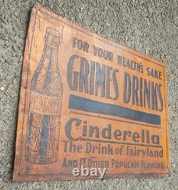 Rare 1930s Vintage Grimes Drinks Metal Sign Cinderella Fairy Soda Arkansas