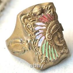 Rare 40s 50s Vintage Mexican Biker Aztec Chief Owl Ring Mixed Metal Mexico Mens