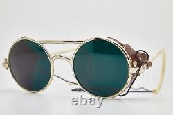 Rare Round Metal Sci Vintage Sunglsses France Leather Parts Dark Green Lenses