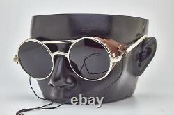 Rare Round Metal Sci Vintage Sunglsses France Leather Parts Dark Green Lenses