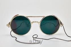 Rare Round Metal Sci Vintage Sunglsses France Leather Parts Dark Green Lenses