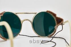 Rare Round Metal Sci Vintage Sunglsses France Leather Parts Dark Green Lenses