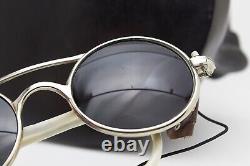 Rare Round Metal Sci Vintage Sunglsses France Leather Parts Dark Green Lenses