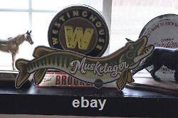 Rare Size 24 Long Vintage Pecatonica Beer Muskelager Embossed Metal Sign Fish