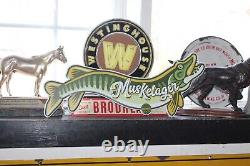 Rare Size 24 Long Vintage Pecatonica Beer Muskelager Embossed Metal Sign Fish