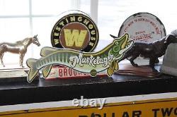 Rare Size 24 Long Vintage Pecatonica Beer Muskelager Embossed Metal Sign Fish