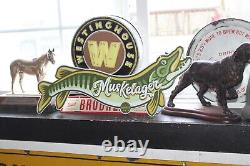 Rare Size 24 Long Vintage Pecatonica Beer Muskelager Embossed Metal Sign Fish