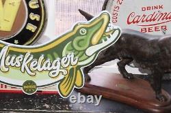 Rare Size 24 Long Vintage Pecatonica Beer Muskelager Embossed Metal Sign Fish
