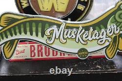 Rare Size 24 Long Vintage Pecatonica Beer Muskelager Embossed Metal Sign Fish