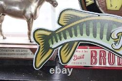 Rare Size 24 Long Vintage Pecatonica Beer Muskelager Embossed Metal Sign Fish