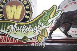 Rare Size 24 Long Vintage Pecatonica Beer Muskelager Embossed Metal Sign Fish