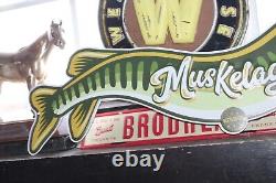 Rare Size 24 Long Vintage Pecatonica Beer Muskelager Embossed Metal Sign Fish